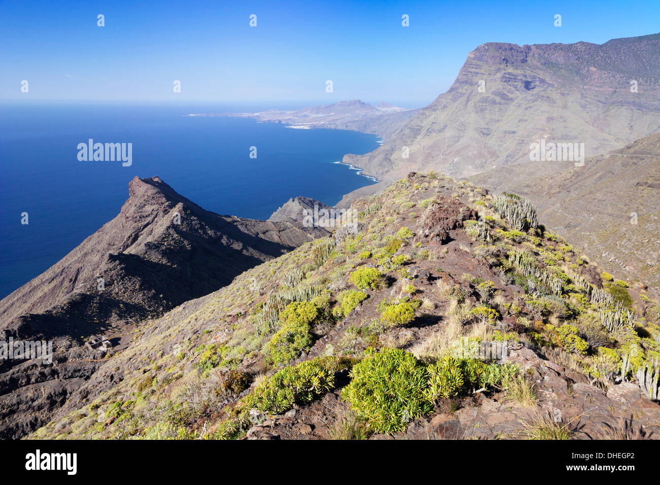 Coastline, Anden Verde, Puerto de las Nieves and Faneque Mountain, Tamadapa Natural Park, Gran Canaria, Canary Islands, Spain Stock Photo