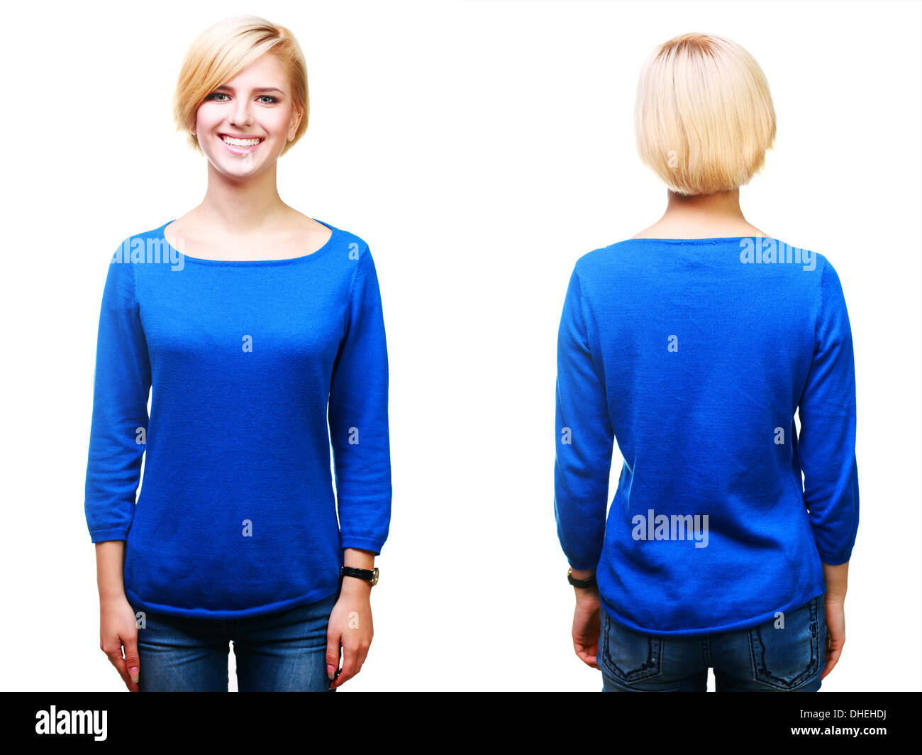 Young cheerful blonde woman in blank blue sweater, front and back. Stock Photo