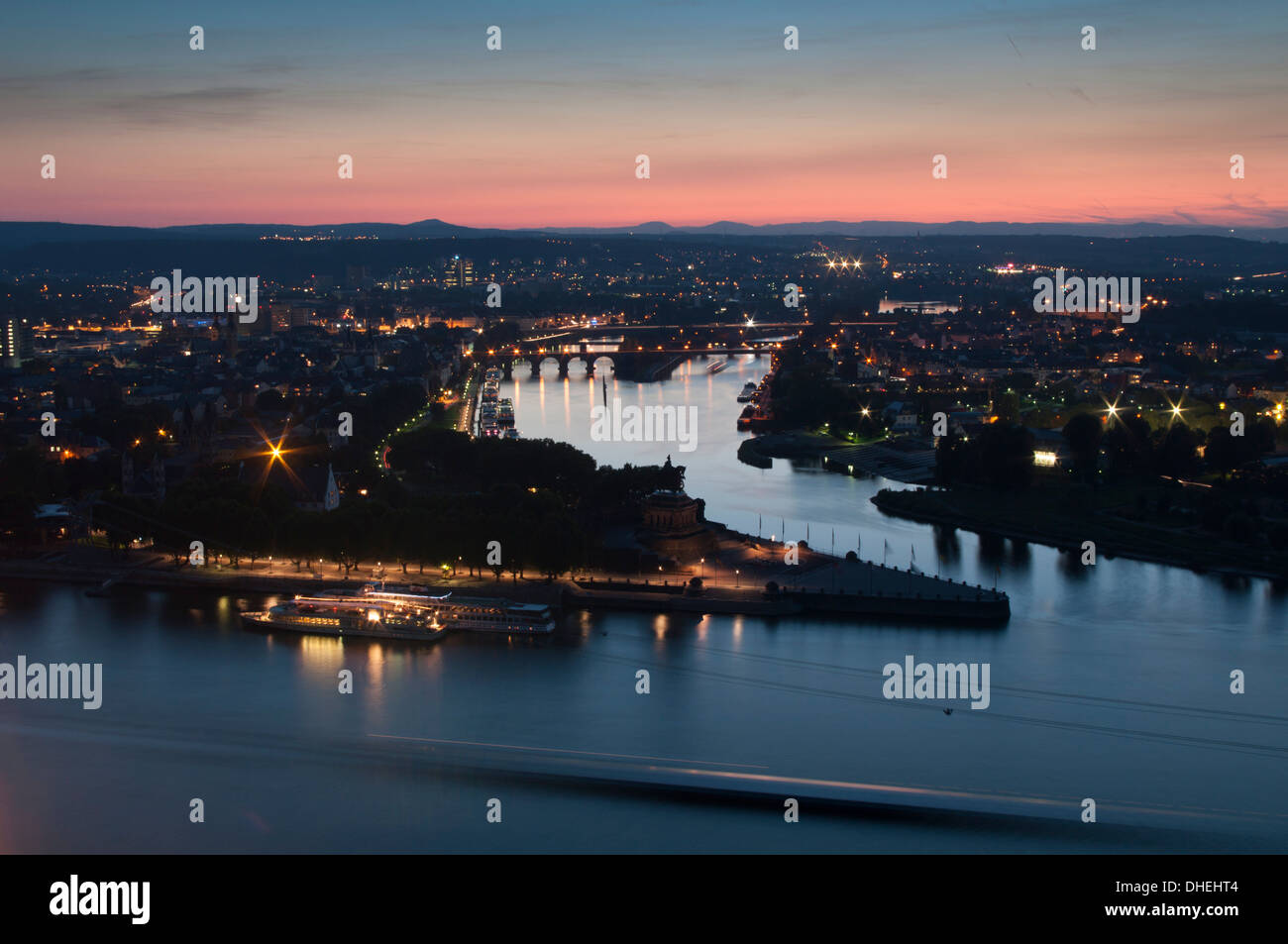 Mosel and Rhine rivers converge at Deutsches Eck, Koblenz, Rhineland-Palatinate, Germany, Europe Stock Photo