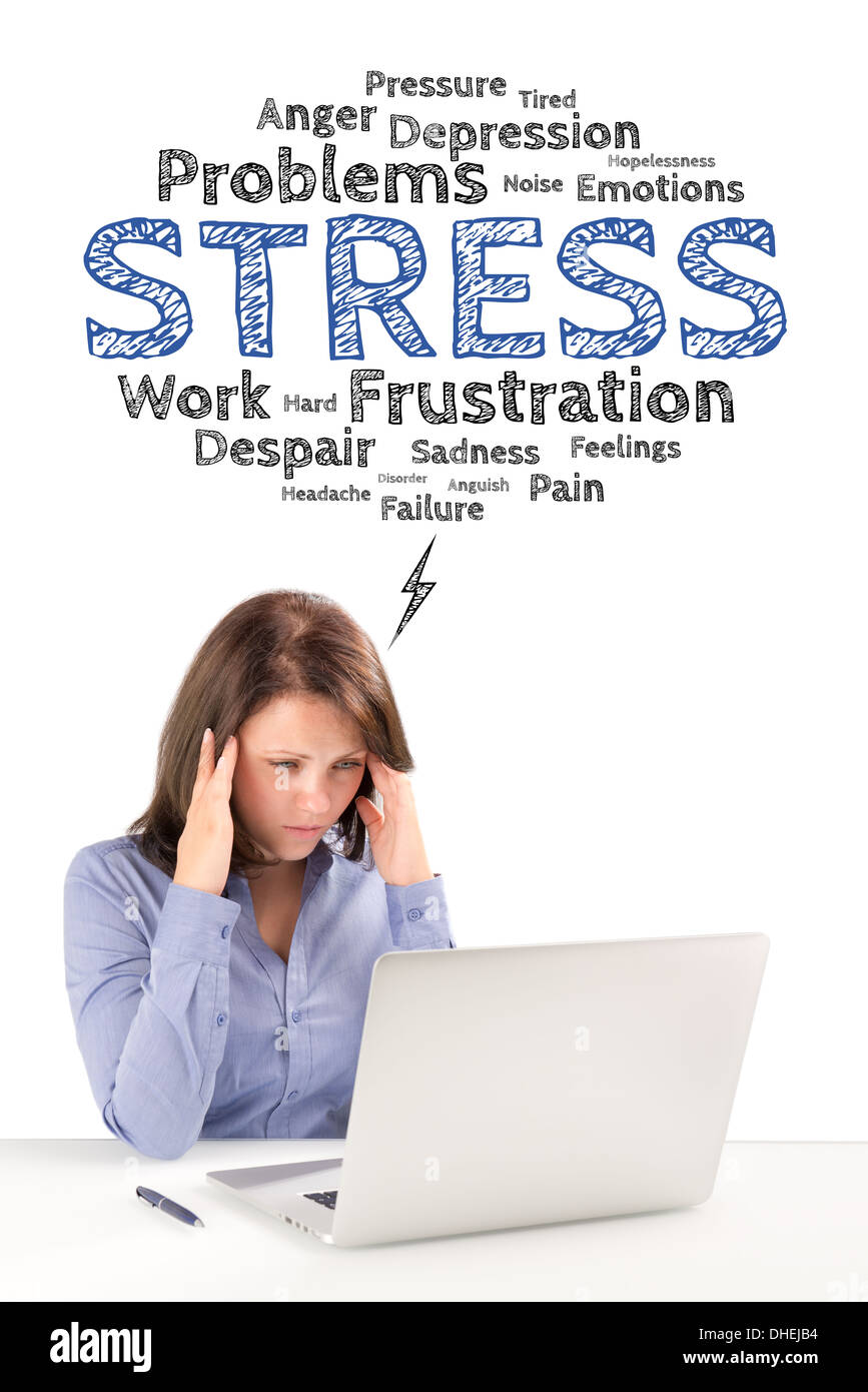Business woman is sitting under stress emotions bubble in front of modern laptop and holding hands behind her head. Stock Photo