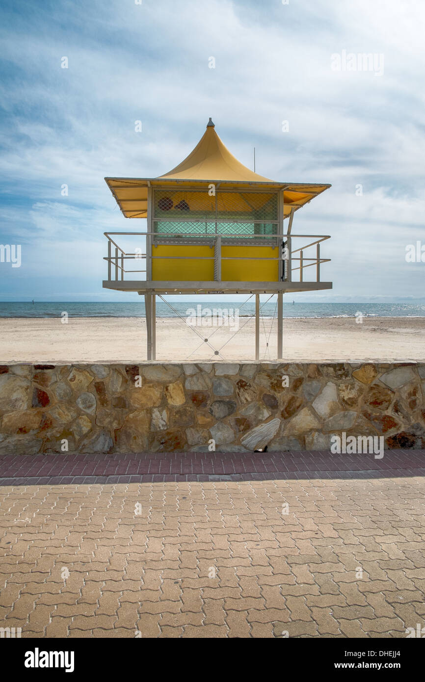 A lifeguard tower at a beautiful the Australian seaside with crystal clear water and a pristine sandy beach. Stock Photo