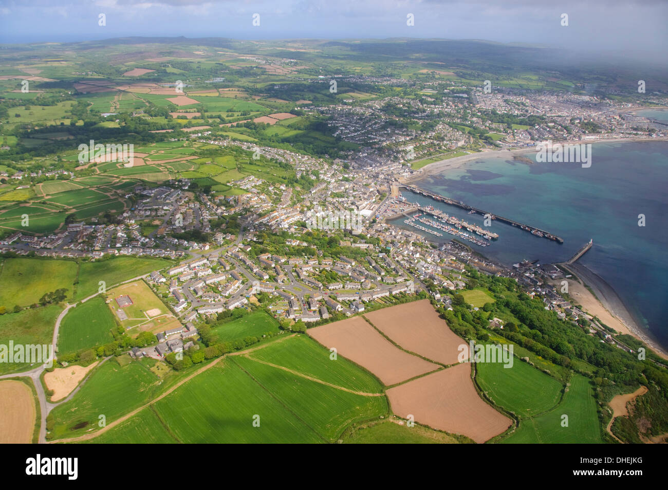 Aerial shot of Newlyn Fishing harbour near Penzance, Cornwall, England