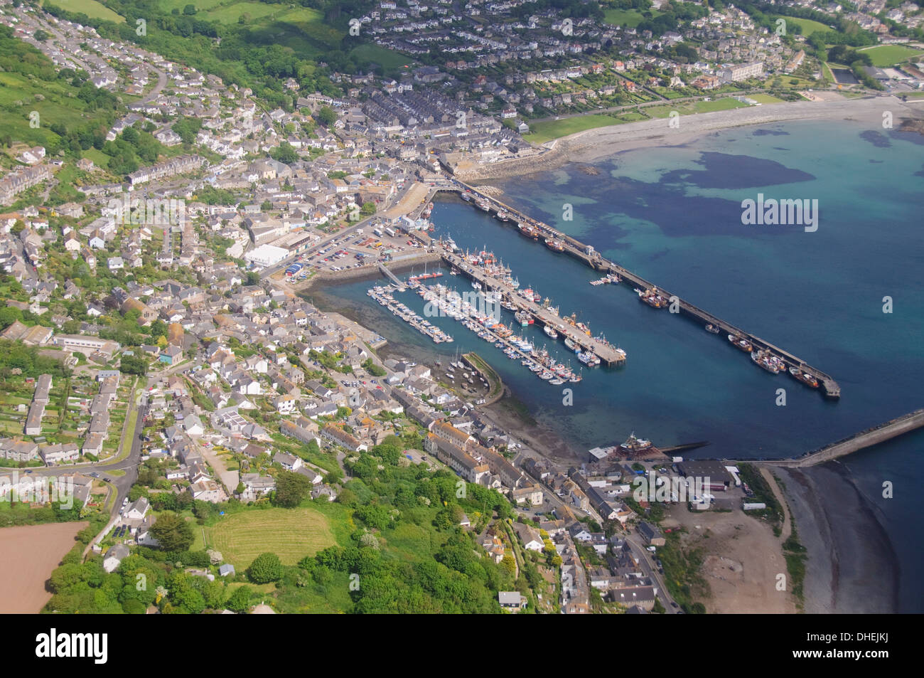Aerial shot of Newlyn Fishing harbour near Penzance, Cornwall, England ...