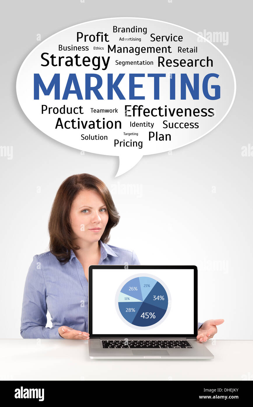 Marketing research of a young business woman who is showing a diagram on a laptop screen, business concept Stock Photo