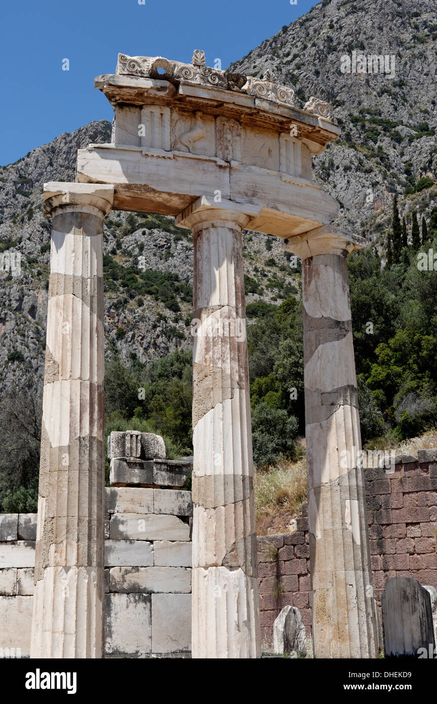 The tholos, a circular building at the centre of the sanctuary of Athena Pronaia, Delphi, UNESCO, Peloponnese, Greece Stock Photo