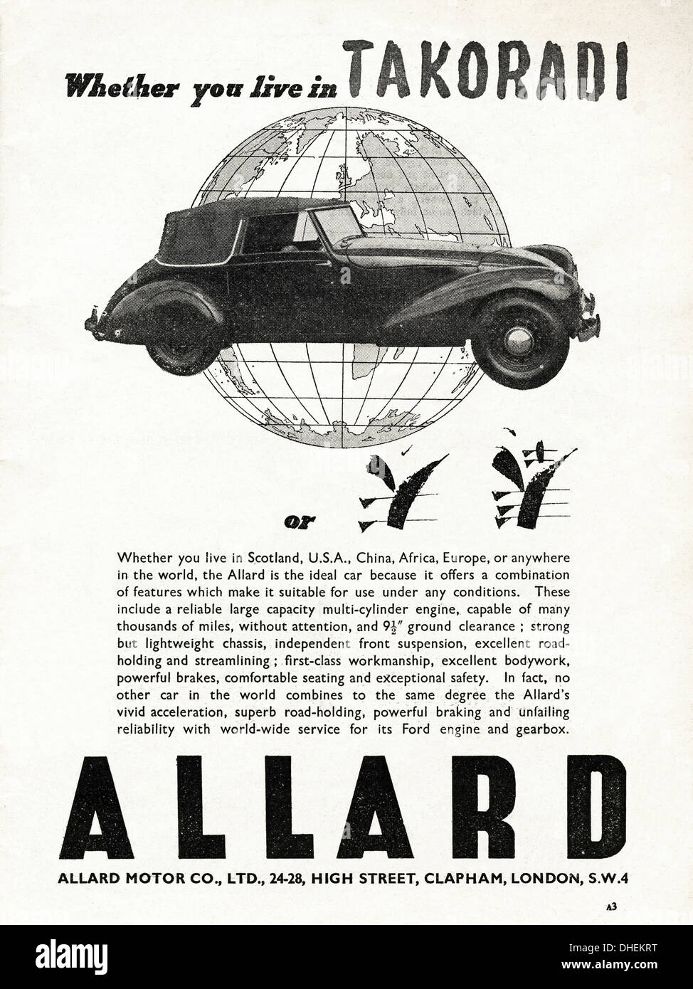 Advertisement advertising ALLARD motor cars motoring magazine advert circa 1947. Stock Photo