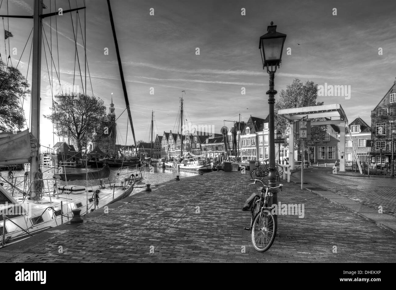 Harbour in Hoorn, Netherlands. black and white Stock Photo