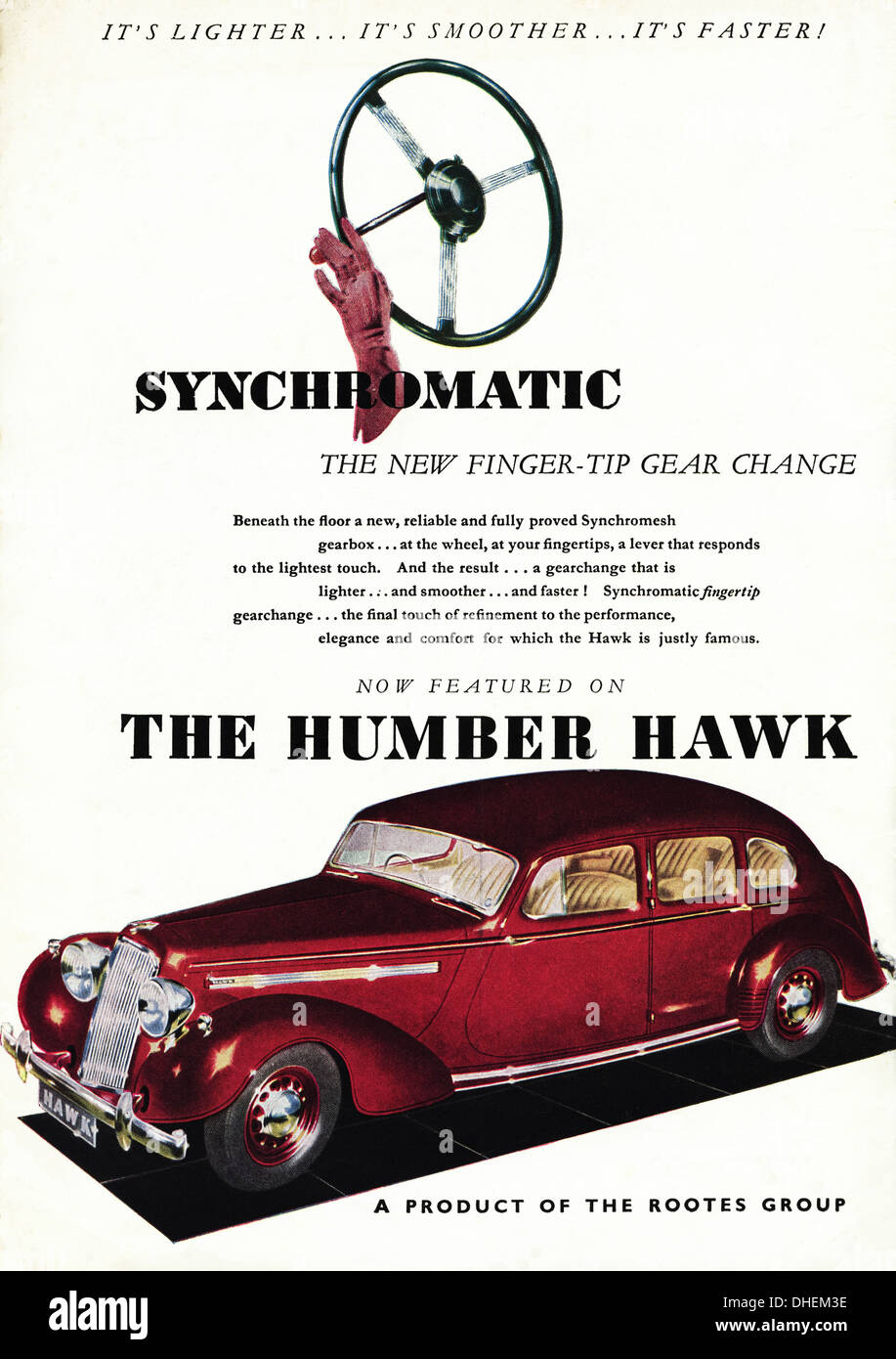 Car advertisement advertising THE HUMBER HAWK motor car motoring magazine advert circa 1947. Stock Photo