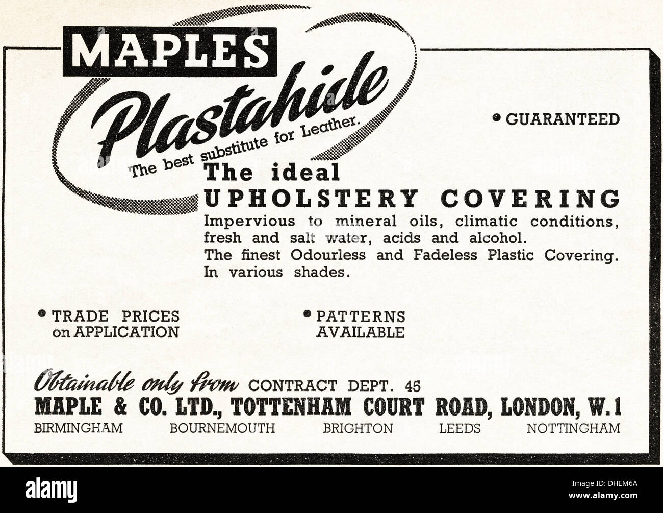Advertisement advertising MAPLES PLASTAHIDE leather substitute for motor car upholstery motoring magazine advert circa 1947. Stock Photo