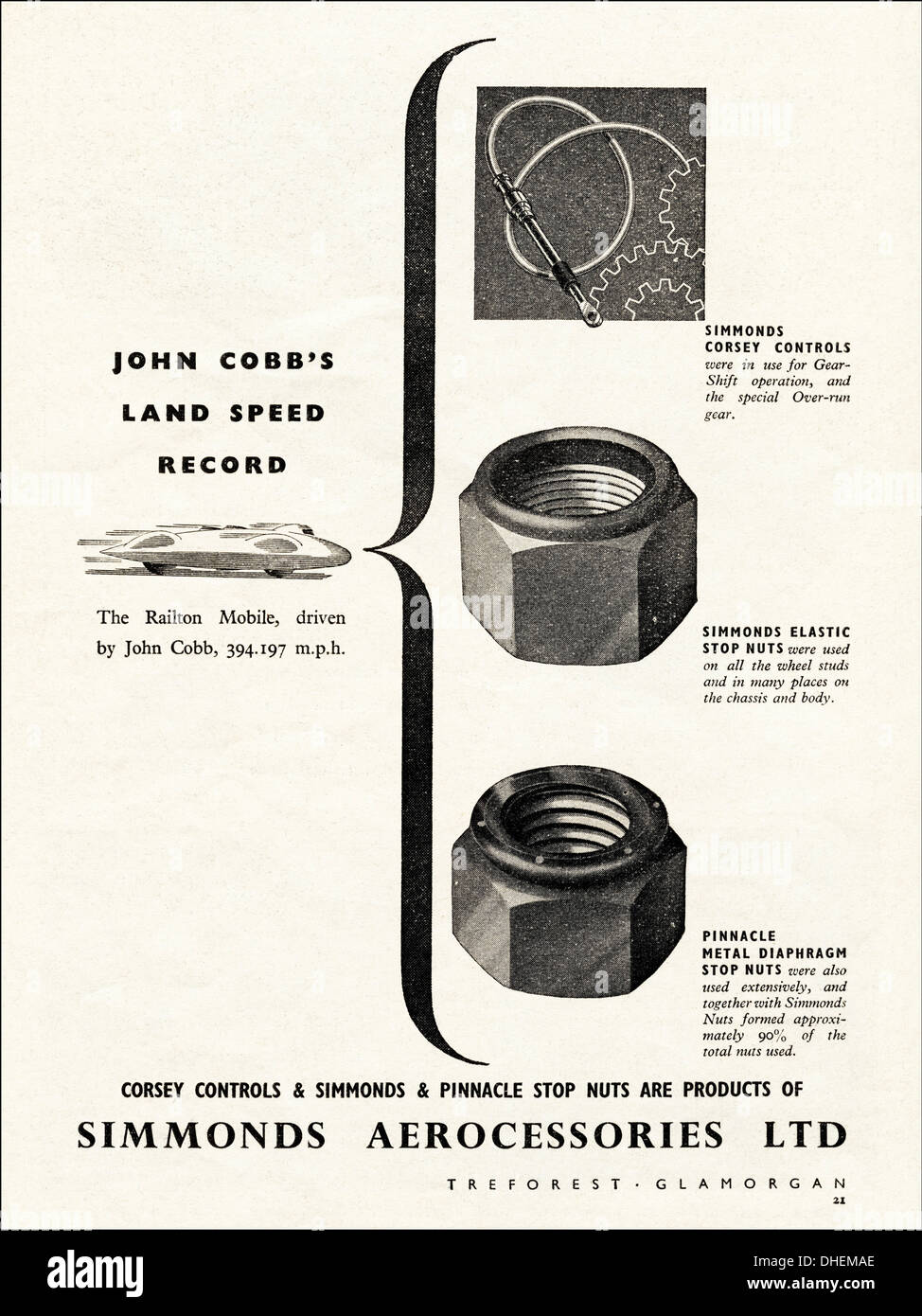 Advertisement advertising SIMMONDS nuts car accessories motoring magazine  advert circa 1947 Stock Photo - Alamy