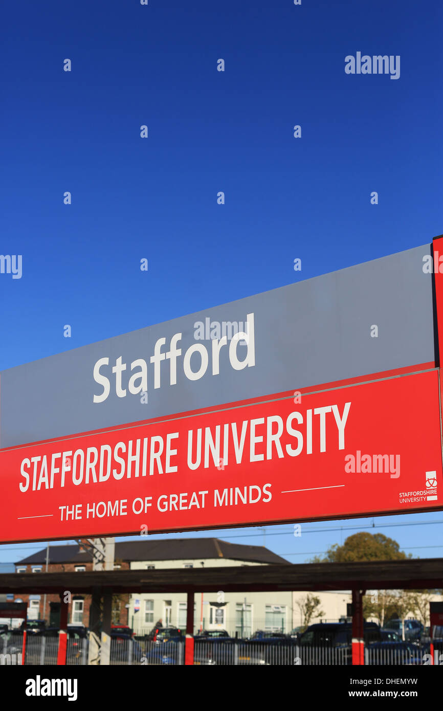 Stafford railway station Staffordshire University sign at Stafford railway station Stock Photo