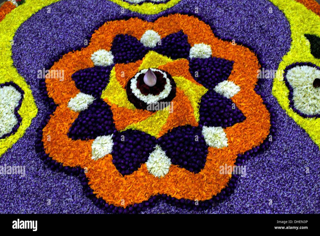 Floral decorations during Onam festival, Kerala, India, Asia Stock