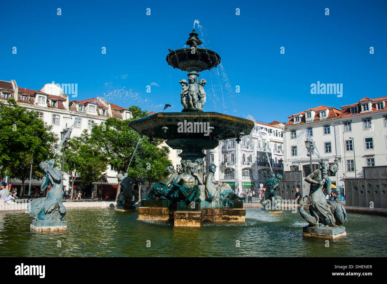 Fountain on the Rossio Square (Pedro IV Square), Lisbon, Portugal, Europe Stock Photo