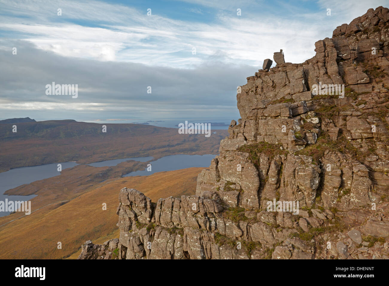 View from the top of Stac Pollaidh over Loch Bad a Ghail and Loch Osgaig Stock Photo