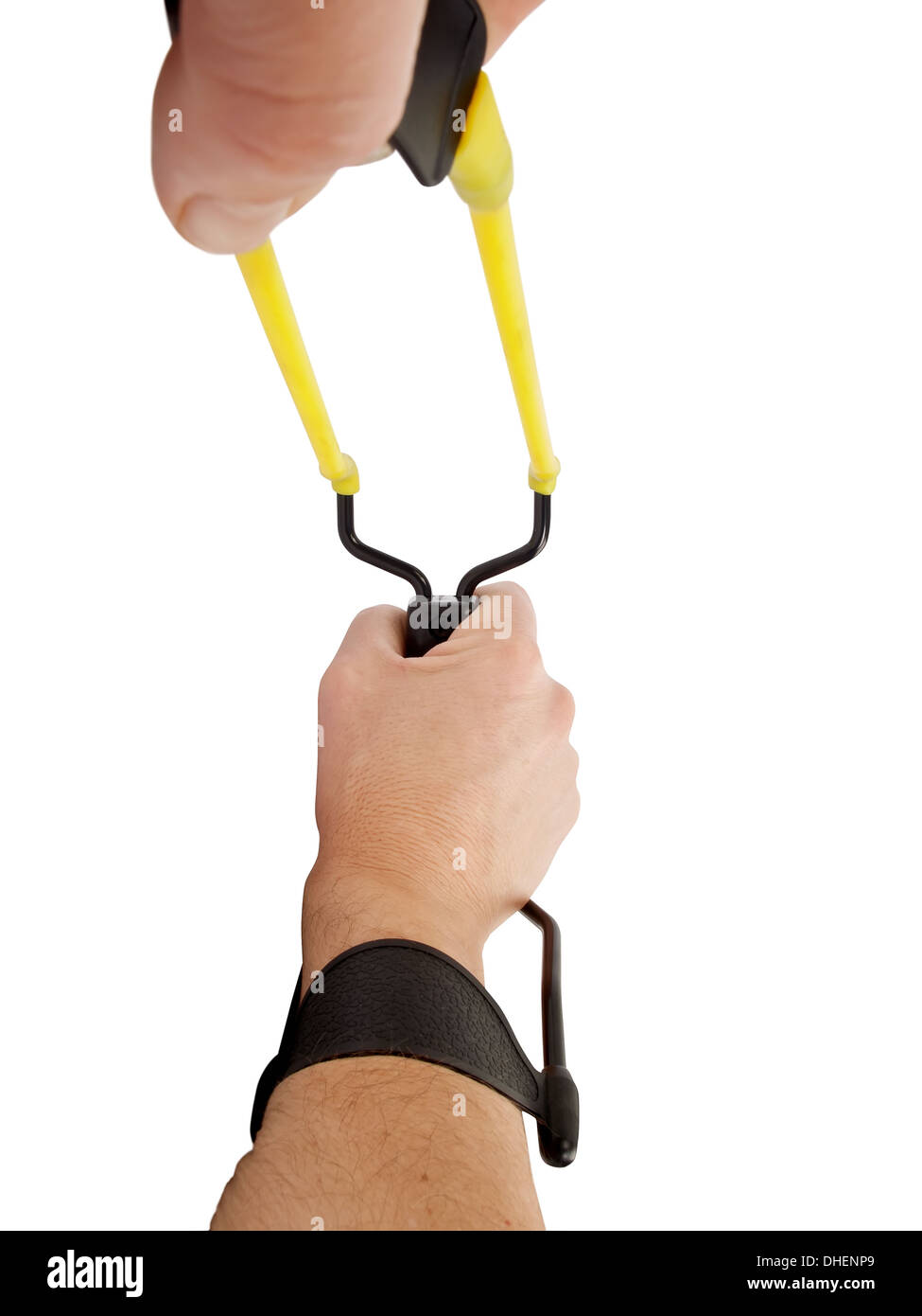 hands holding aiming slingshot Stock Photo