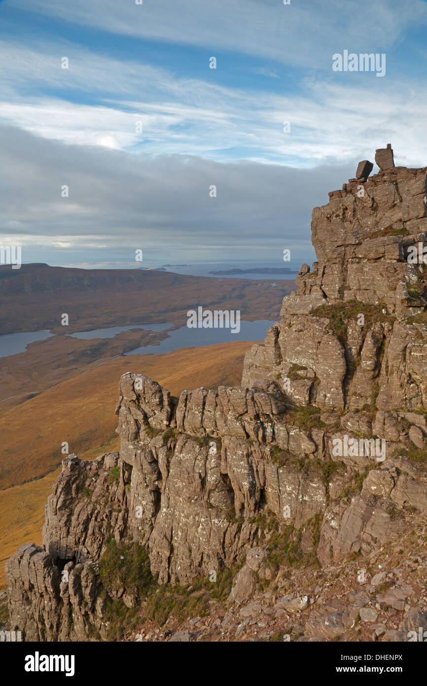 View from the top of Stac Pollaidh over Loch Bad a Ghail and Loch Osgaig Stock Photo