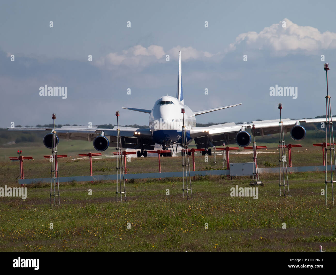 airplane on runway - front view Stock Photo