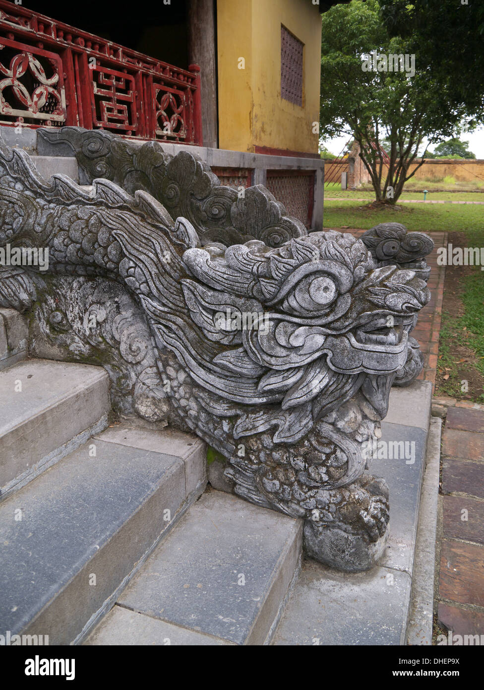 Hue Citadel Vietnam The Mieu showing large gargoyle like stone dragons Stock Photo