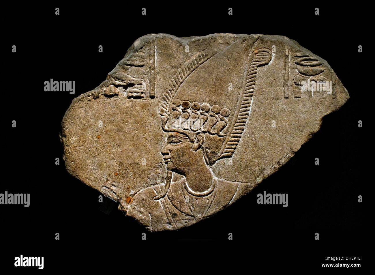 Relief head of Osiris master raw cap topped off Atef surrounded the uraeus of 1 century BC Egypt Egyptian Stock Photo
