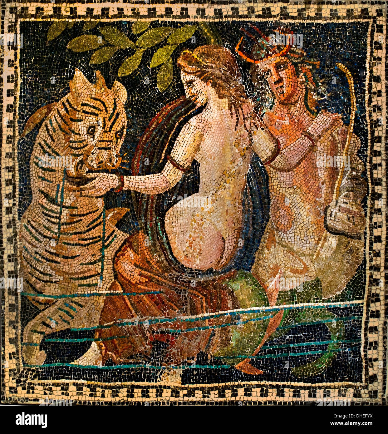 Triton and Nereid Sea Monster Roman Mosaic II Century BC Stock Photo