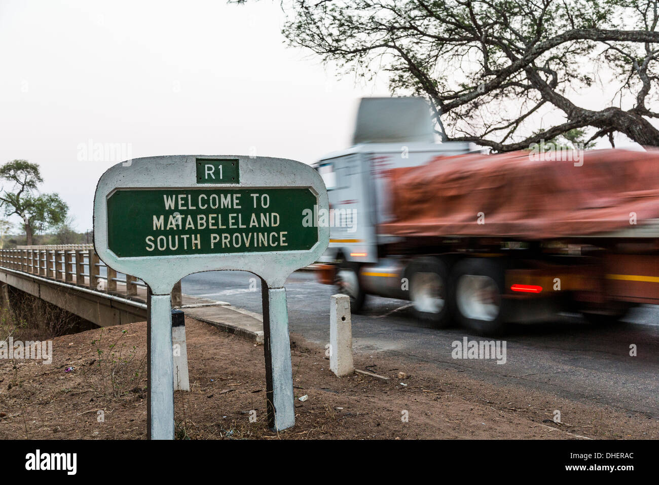 Road sign near the Bubi River on the A4 road in Zimbabwe Stock Photo