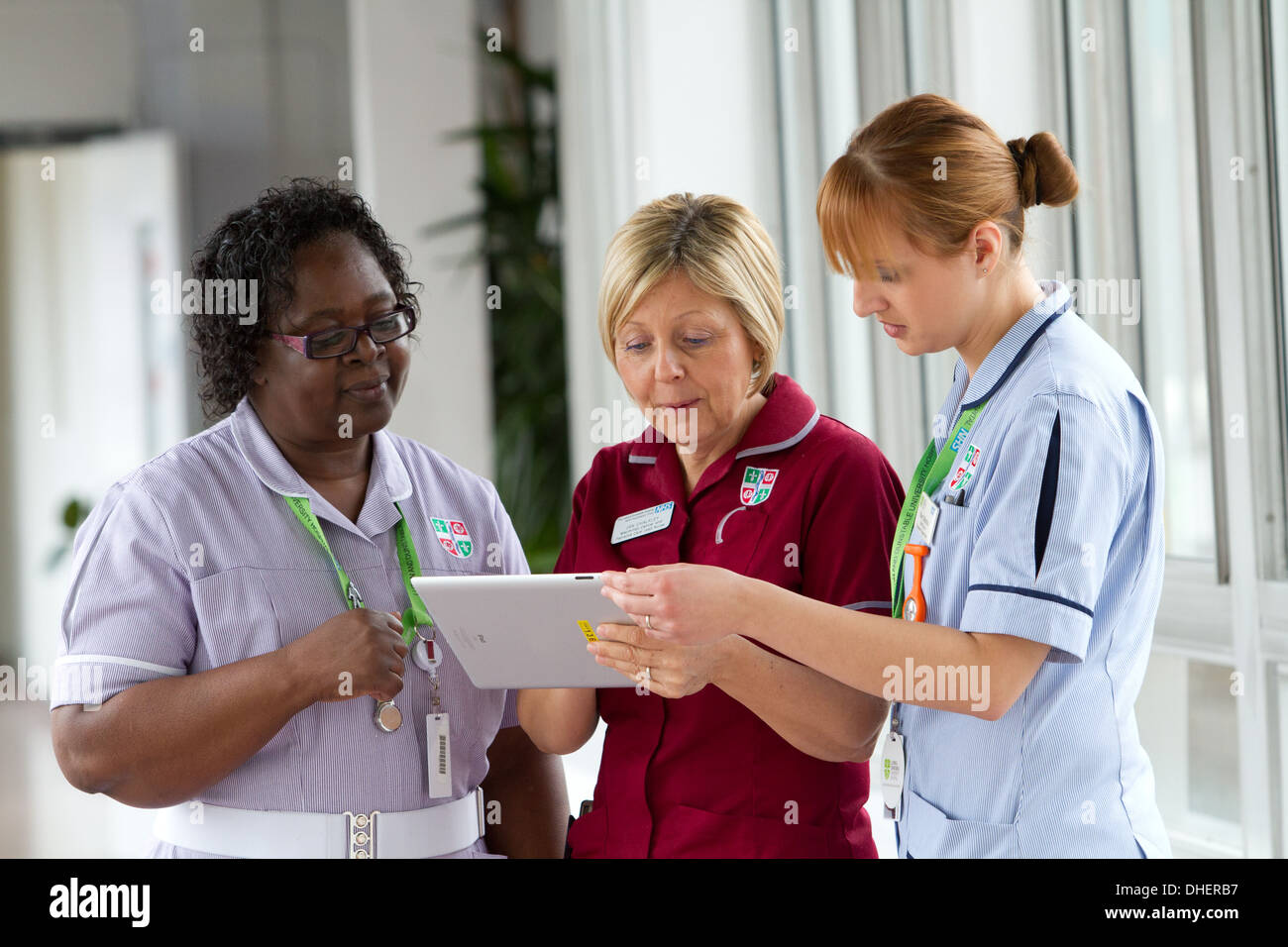 A group of three nurses discuss work on a tablet computer UK Stock Photo