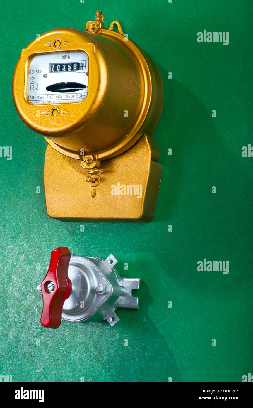 Golden retro electric meter with toggle switch Stock Photo Alamy