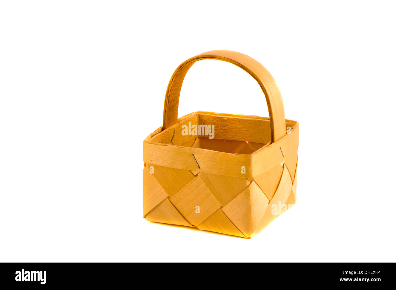 wooden basket woven of birch bark isolated on a white background Stock