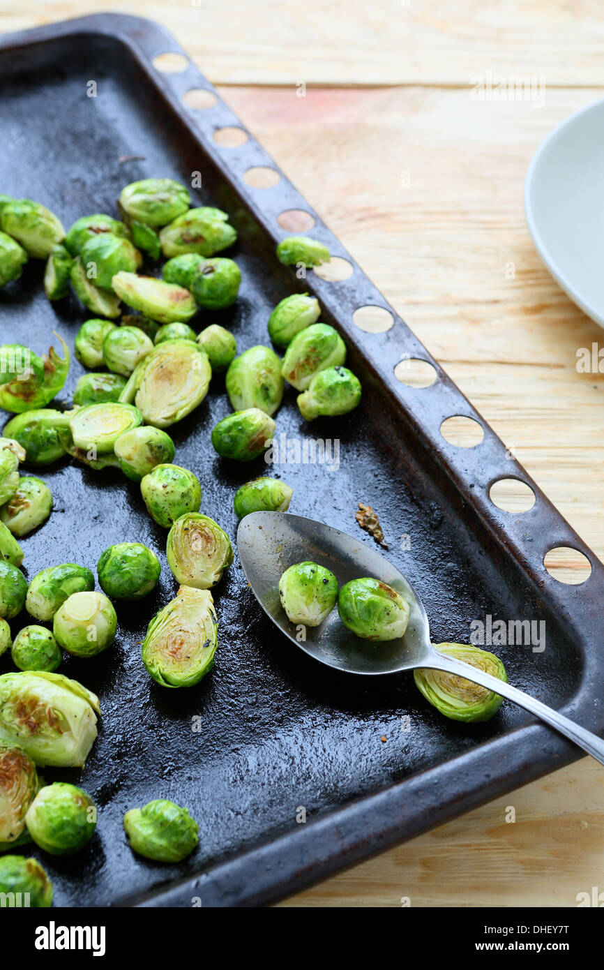 roasted brussels sprouts on a baking tray, food Stock Photo