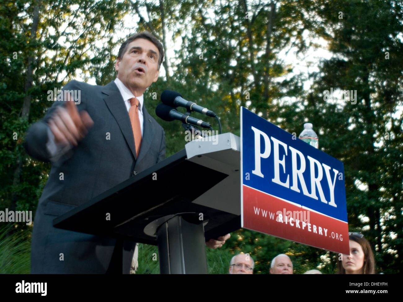 Texas Gov. Rick Perry delivers his first speech in New Hampshire during the 2012 Republican presidential primary. Stock Photo