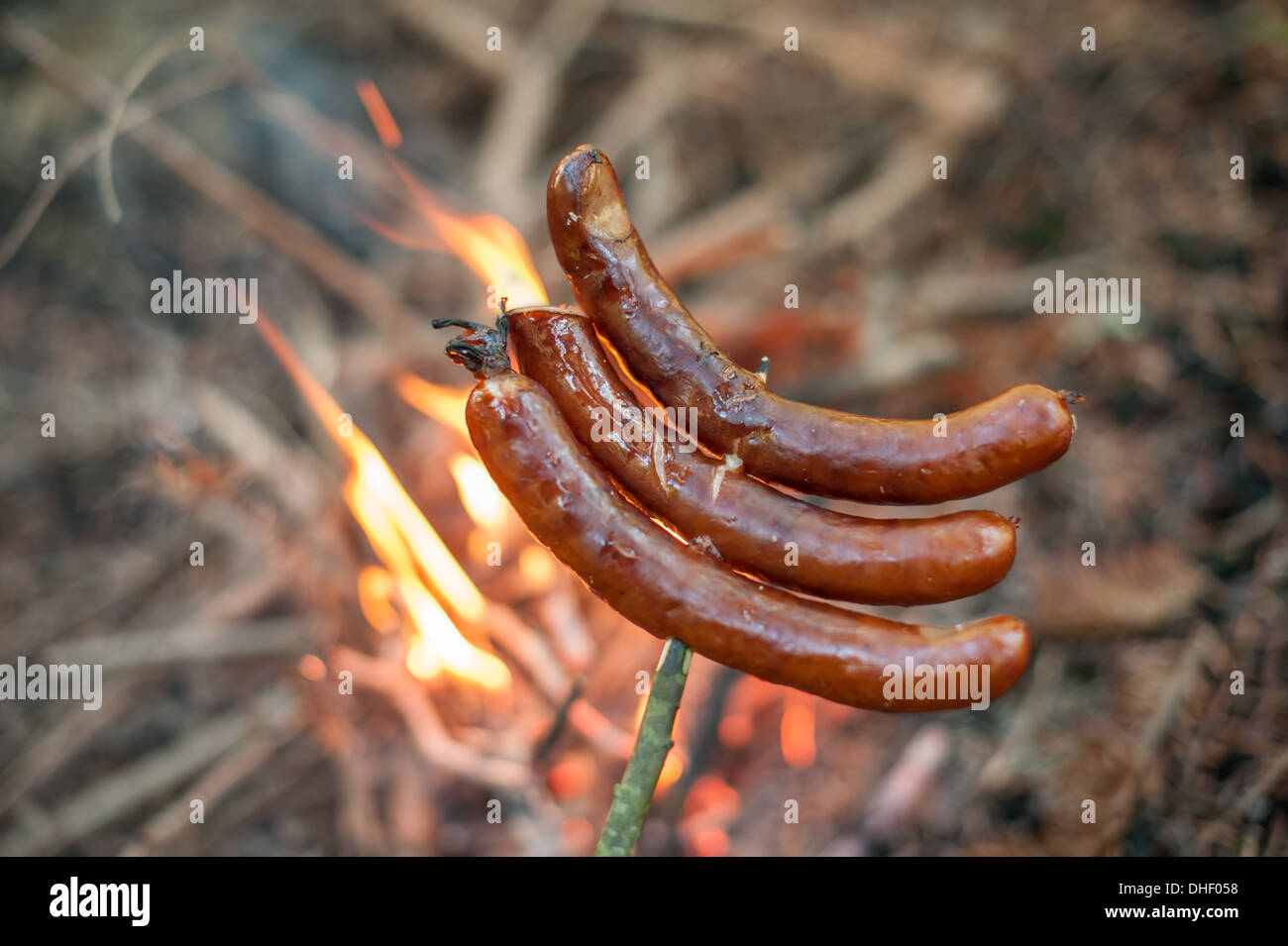 sausage roasted on camp fire Stock Photo