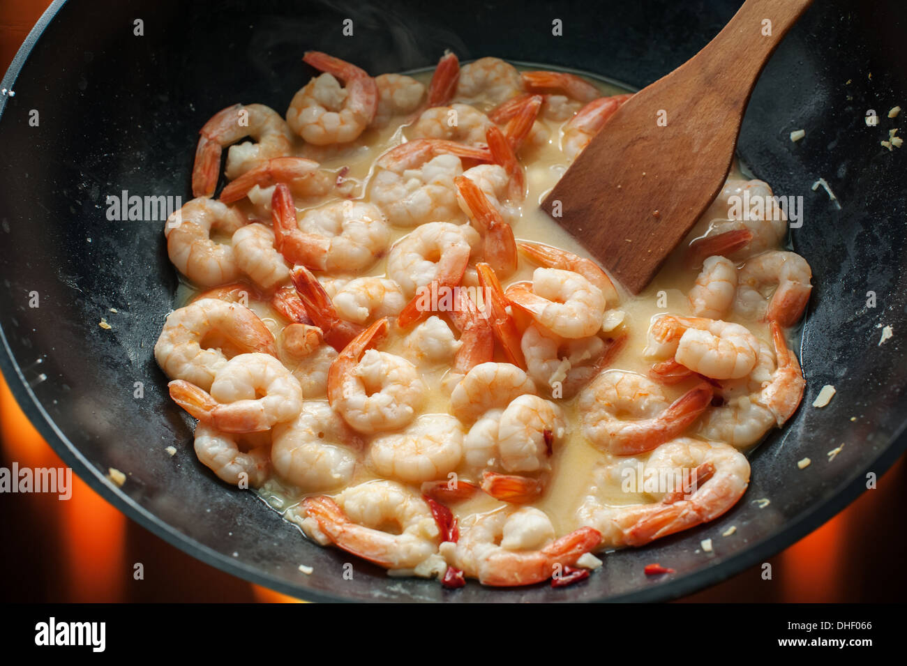 shrimps in wok close up Stock Photo