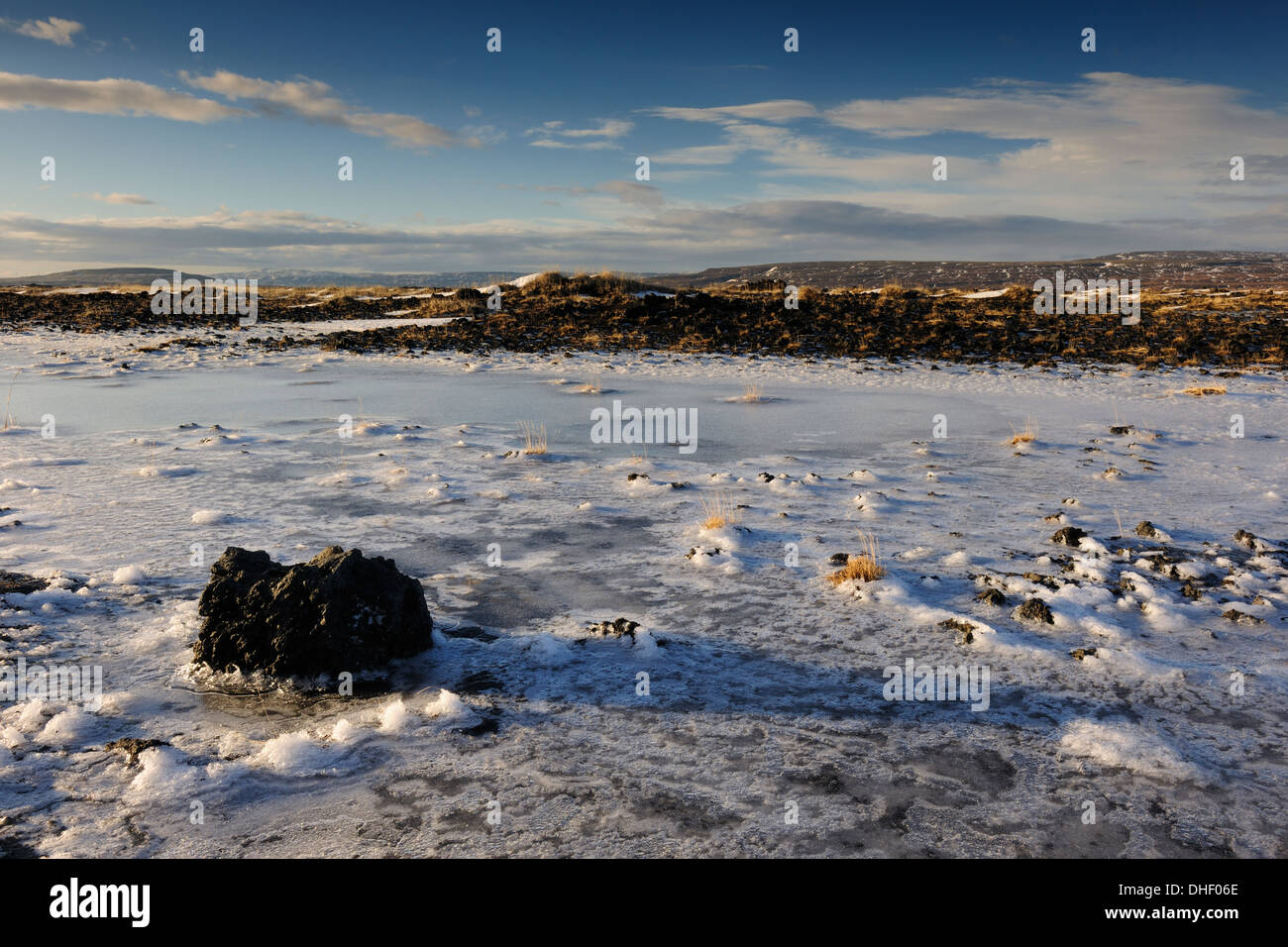 View on a frozen volcanic landscape, Merkurhraun, Iceland. Stock Photo