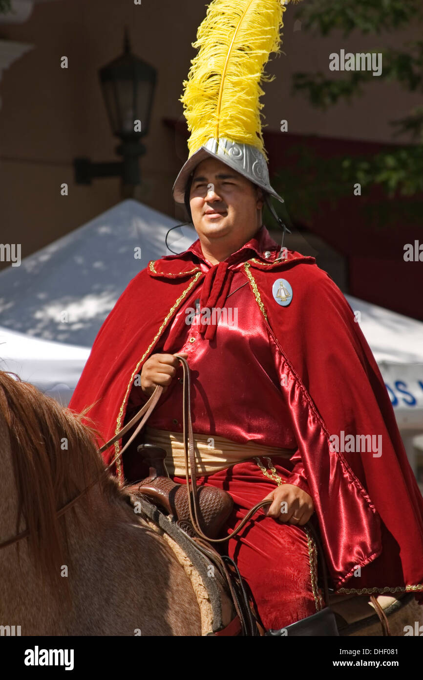 Spanish 'Conquistador' on horseback, Fiesta de Santa Fe, New Mexico USA Stock Photo
