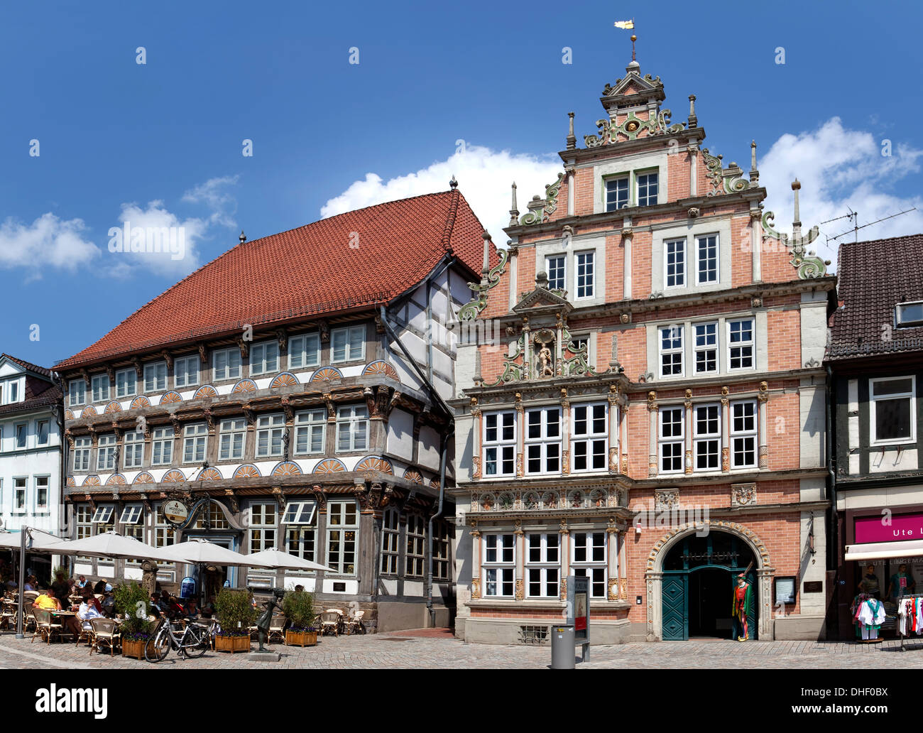 The Dempterhaus or Leisthaus and the Stiftsherrenhaus, Weser Renaissance style, Museum, Hameln, Lower Saxony, Germany Stock Photo