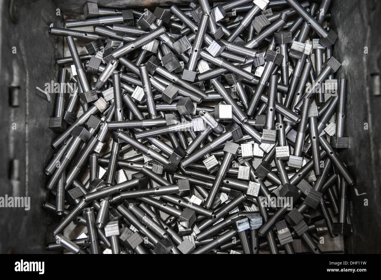 Large group of engineered steel parts in factory Stock Photo