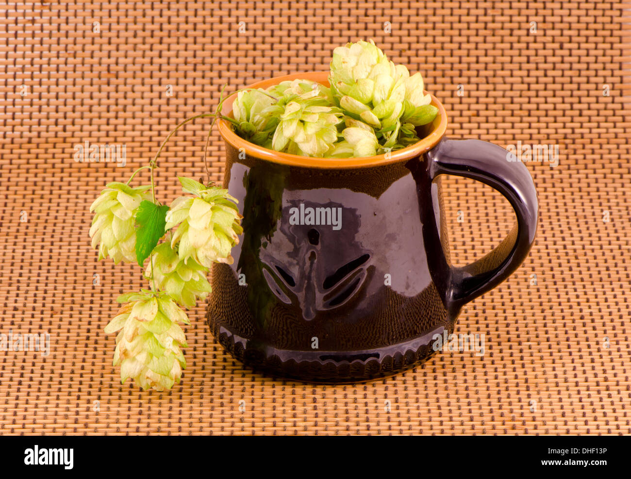 black ceramic mug for beer with hop cones. Brewery concept Stock Photo