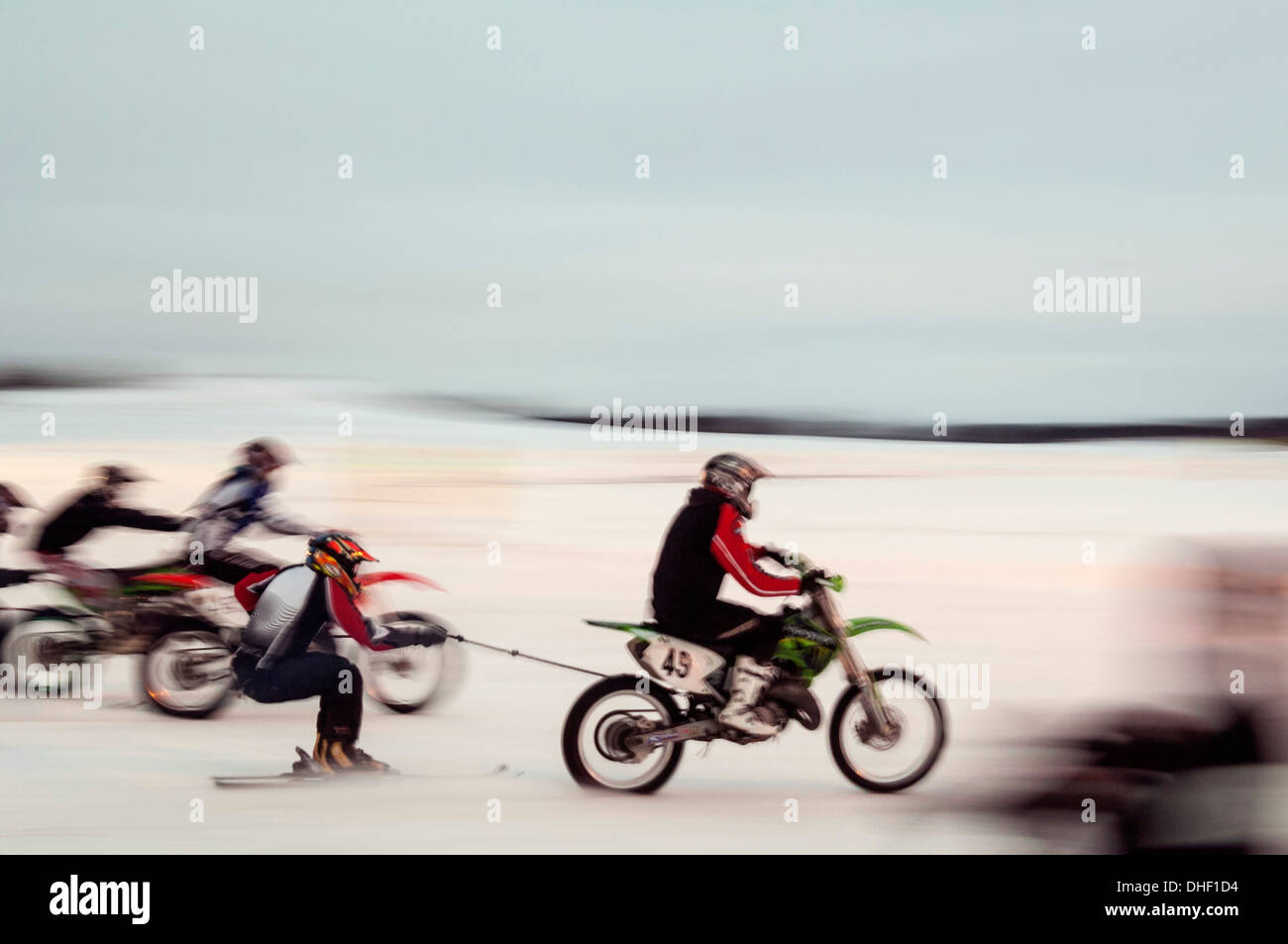 Motorcycle Skijoring at Reichling, Bavaria, Germany Stock Photo