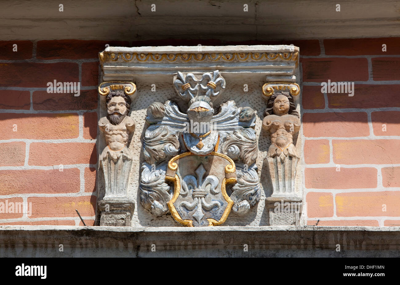 coat of arms of Gerd Leist, The Dempterhaus or Leisthaus, 1607, Weser Renaissance style, Museum, Hameln, Lower Saxony, Germany, Stock Photo