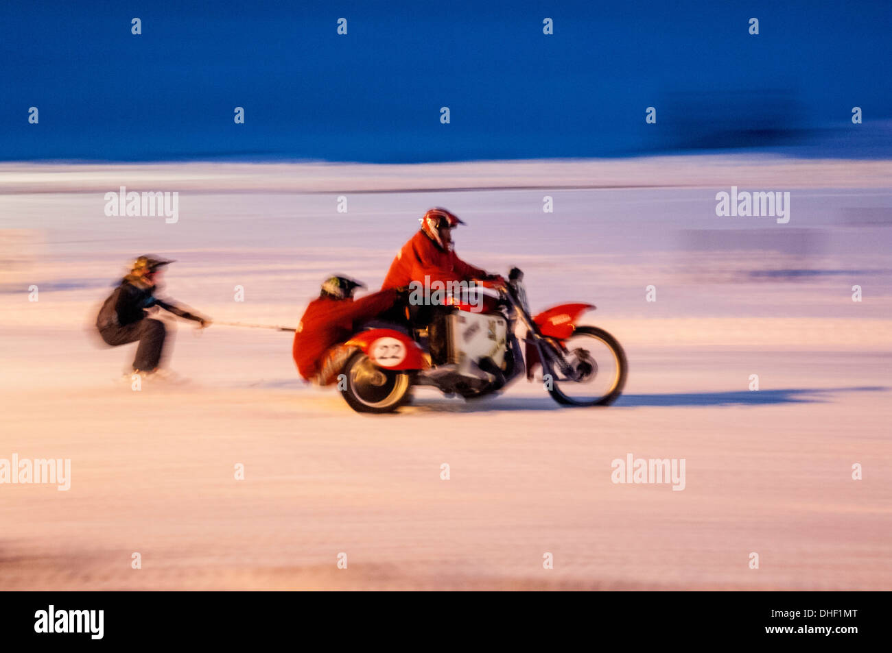 Motorcycle Skijoring at Reichling, Bavaria, Germany Stock Photo