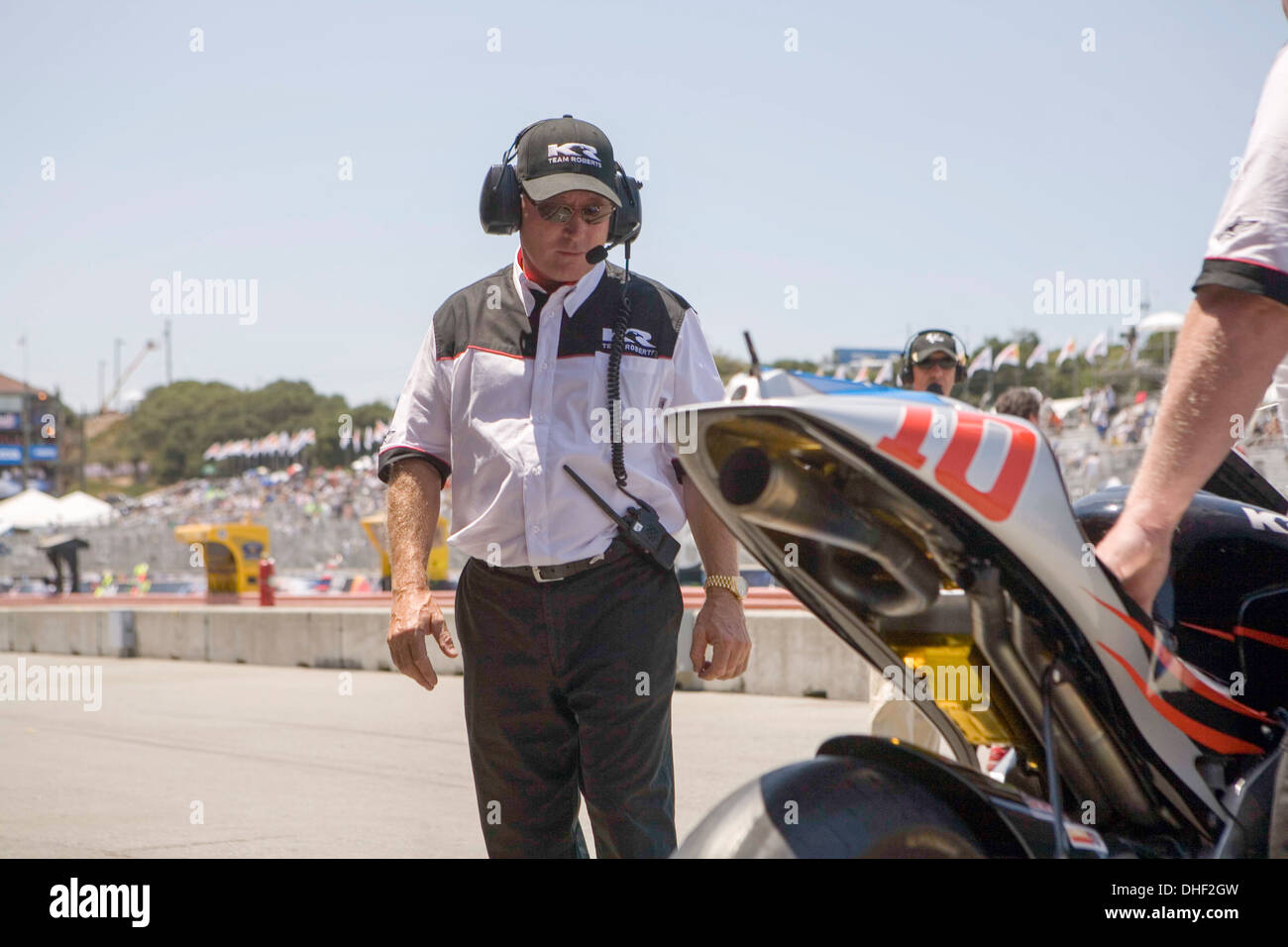 Three time World Champion Moto GP racer 'King' Kenny Roberts in the pits at Laguna Seca Stock Photo