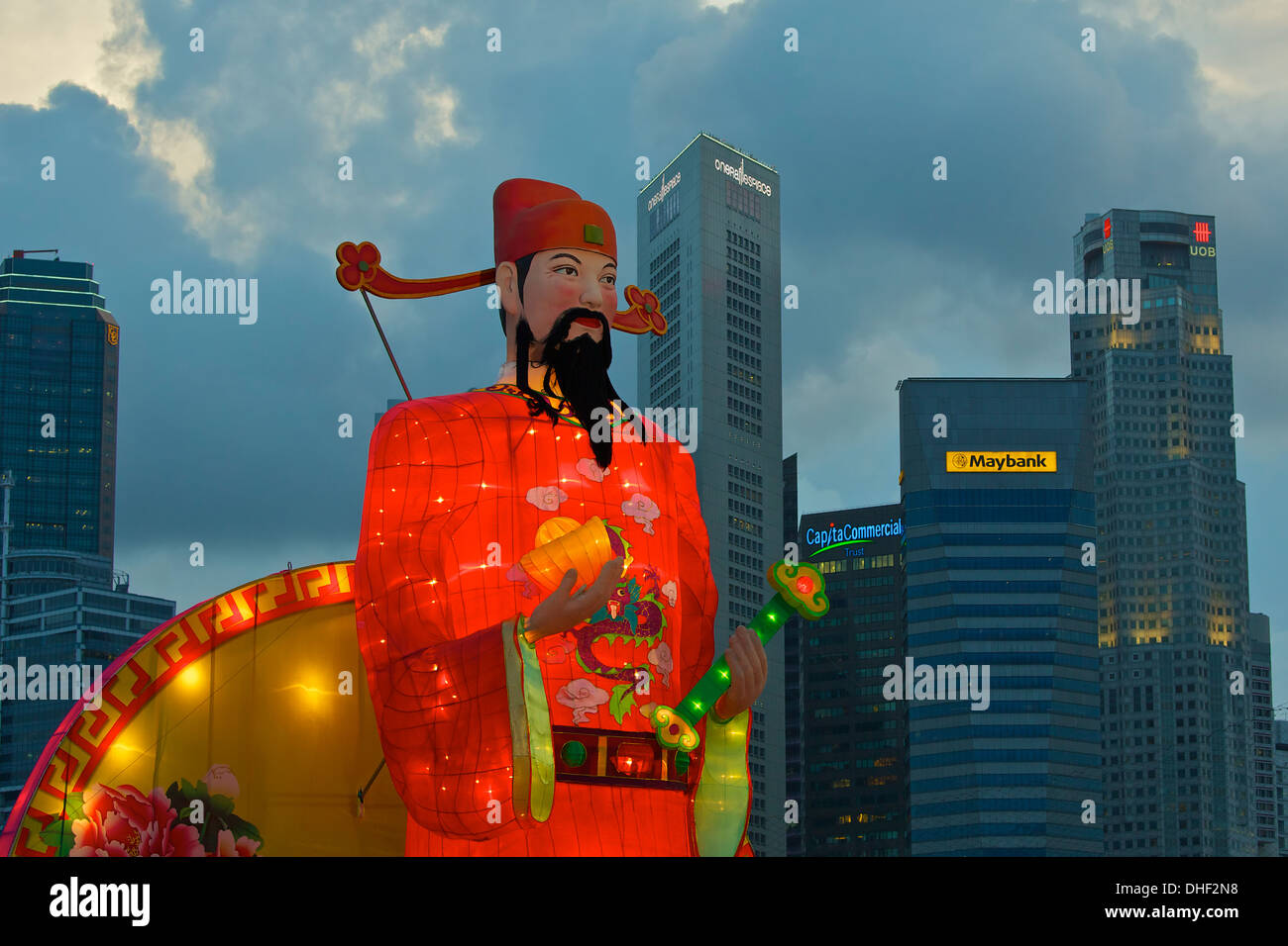 18 metre tall God of Wealth, Cai Shen, at the River Hongbao 2013, Singapore. Stock Photo