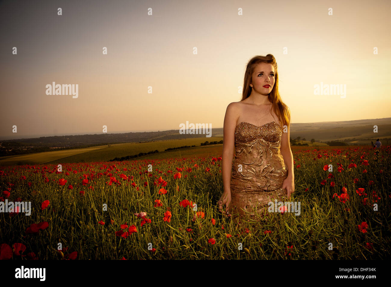 Young pretty model in poppy field Stock Photo