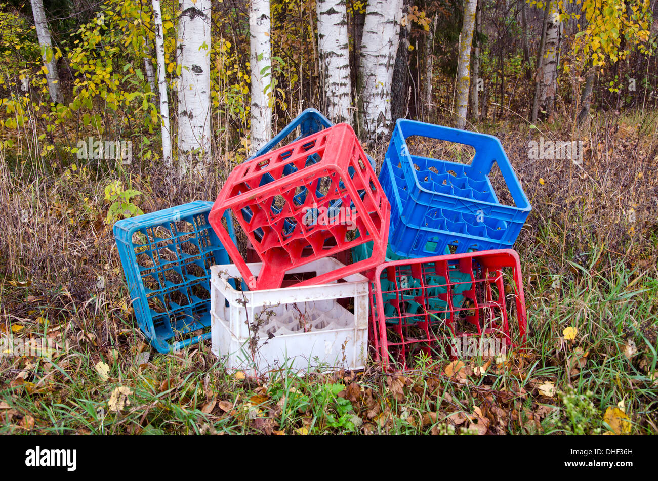 plastic boxes from beer bottles in autumn forest. nature pollution concept Stock Photo