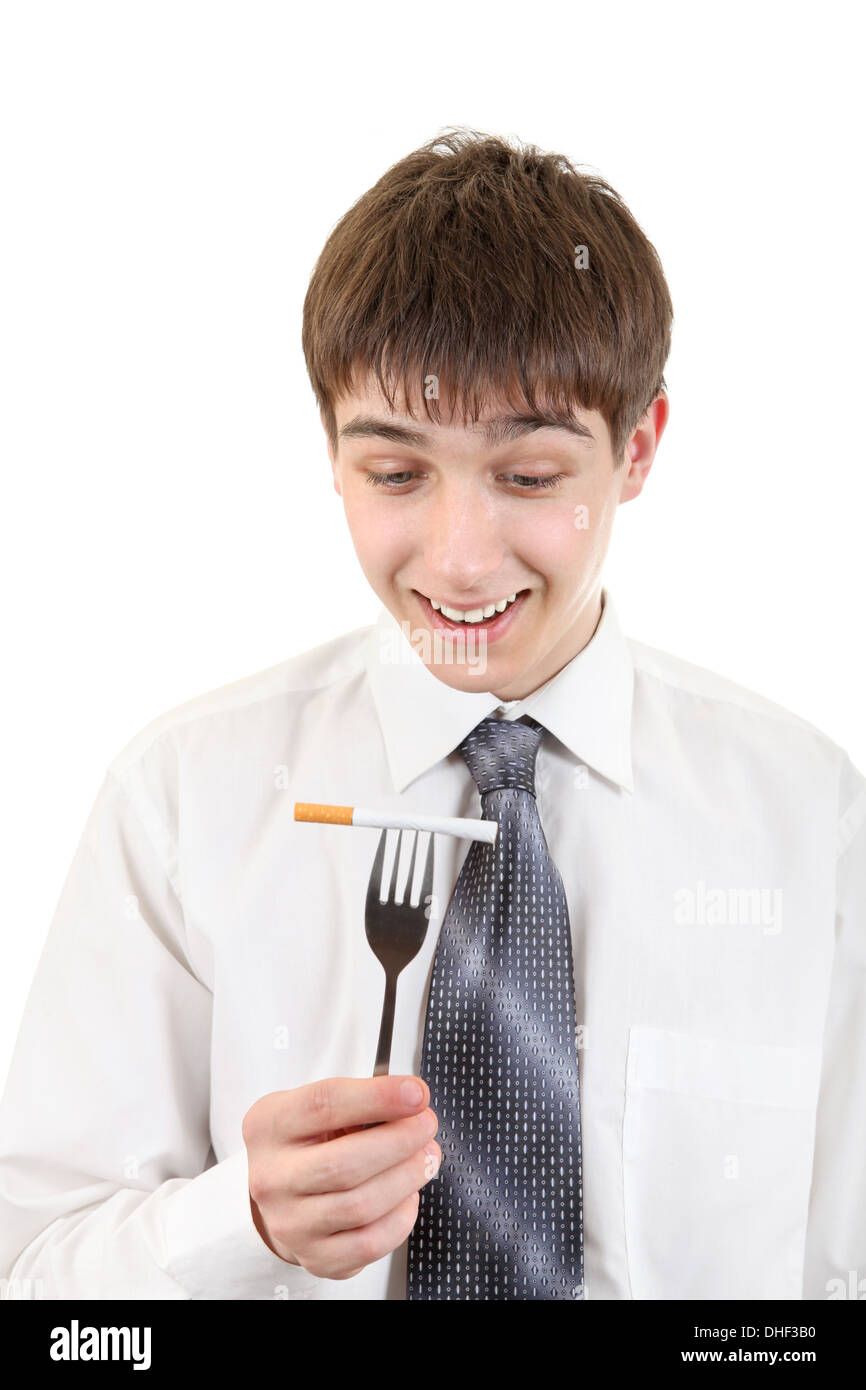 Man Hold Cigarette on the Fork Stock Photo