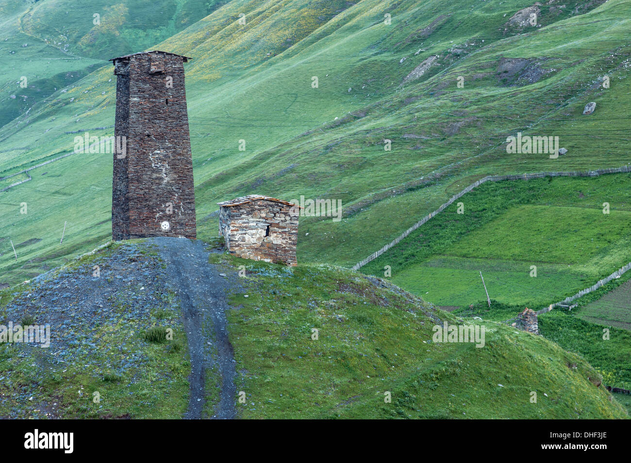 svaneti tower on caucasus mountain Stock Photo