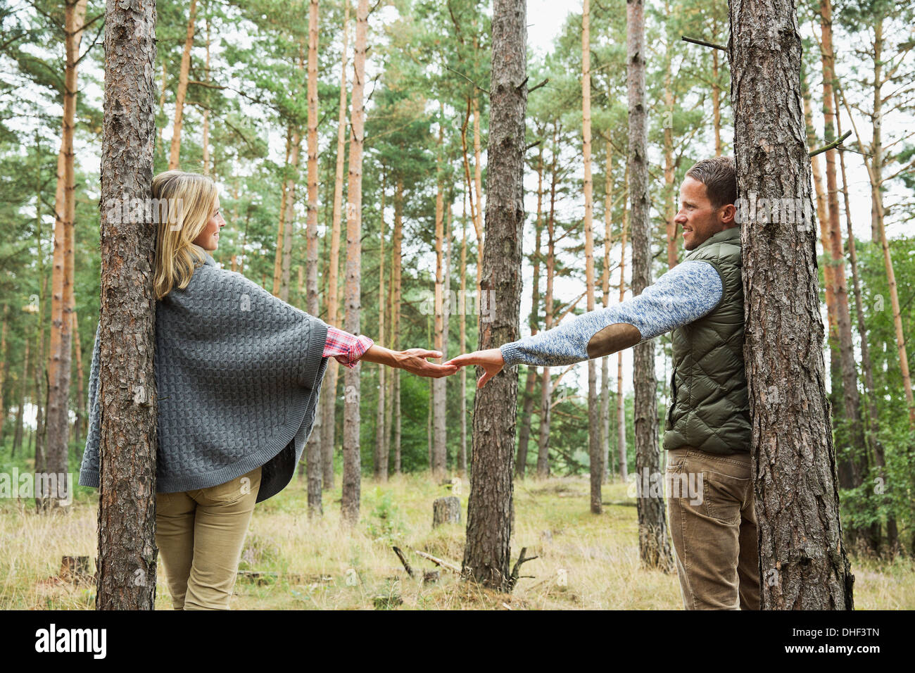 Mid adult couple holding hands in forest Stock Photo