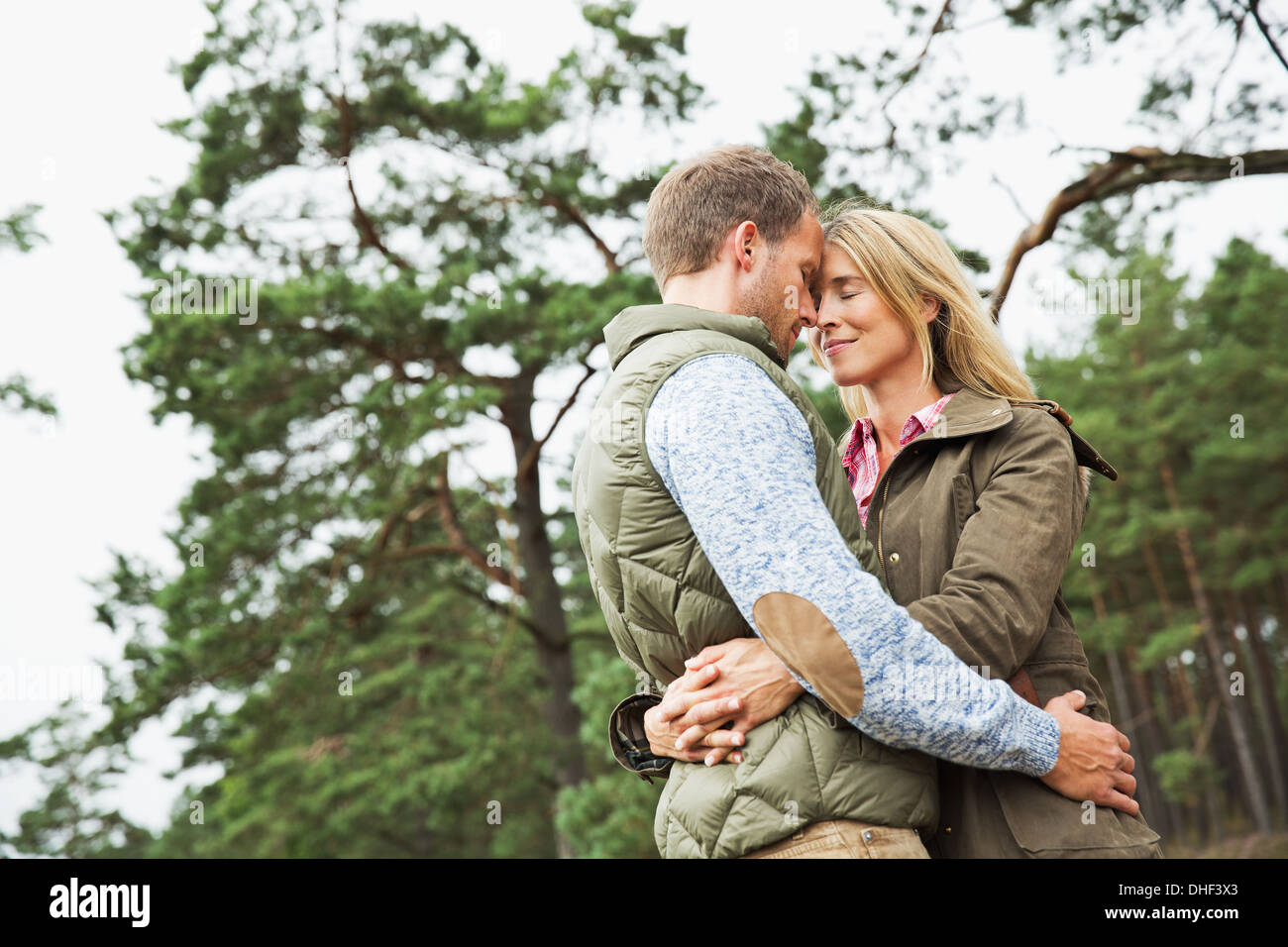 Mid adult couple hugging in forest Stock Photo