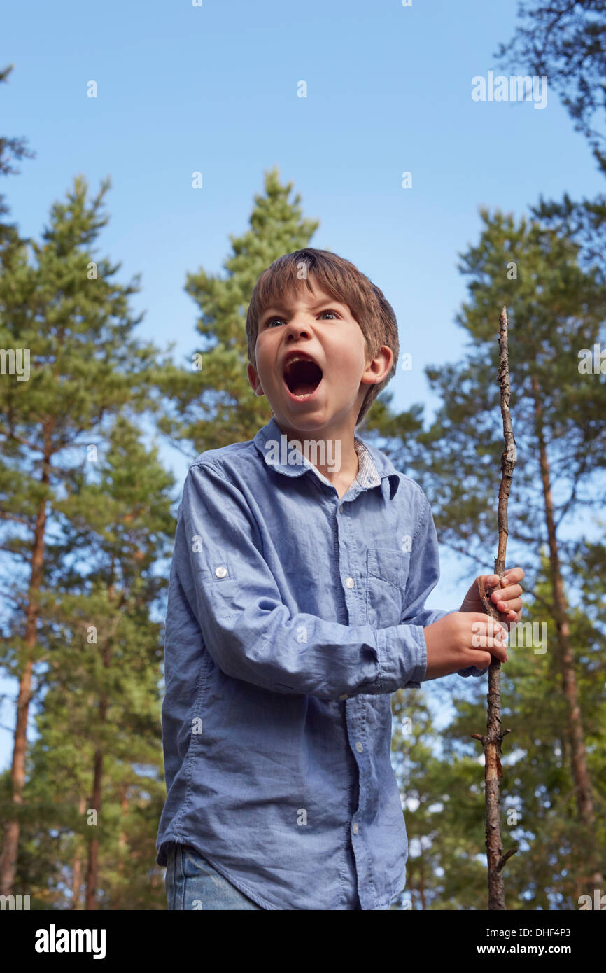 Boy standing in forest, holding stick, mouth open shouting Stock Photo