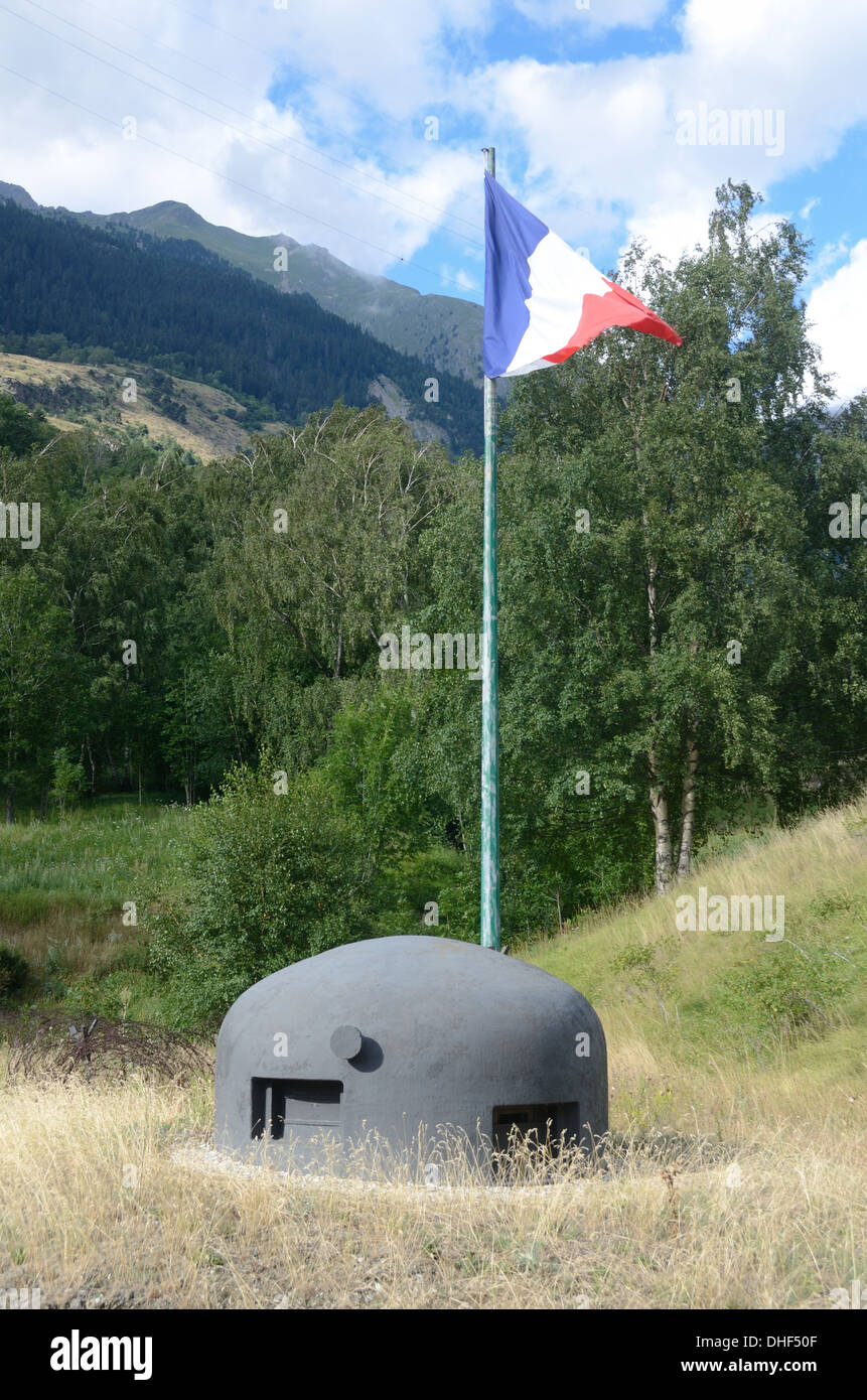 Gun Emplacement Lookouit or Look-Out Tower or Cloche & French Flag Saint Gobain Fort on the Maginot Line Modane Maurienne Valley Savoie France Stock Photo